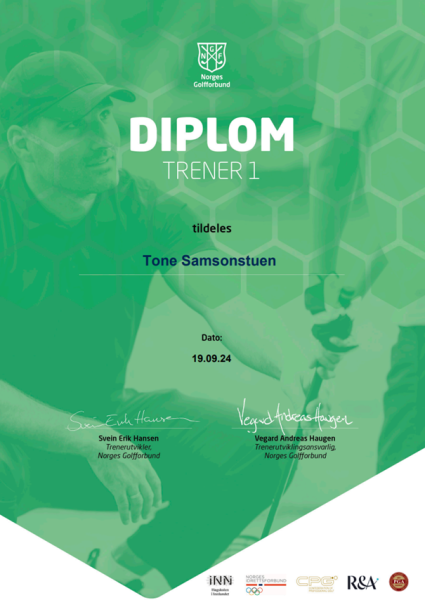 Golfglede og kompetanse i fokus. Trener 1 kurs på Elverum Golfklubb.
Diplom etter endt kurs Tone Samsonstuen.